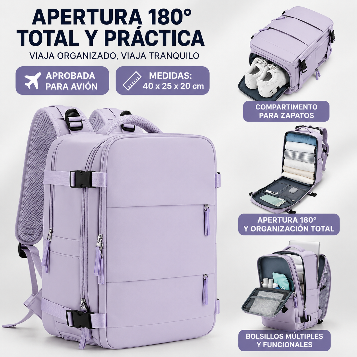 Mochila de Viaje para Cabina con Compartimento para Zapatos y Puerto USB