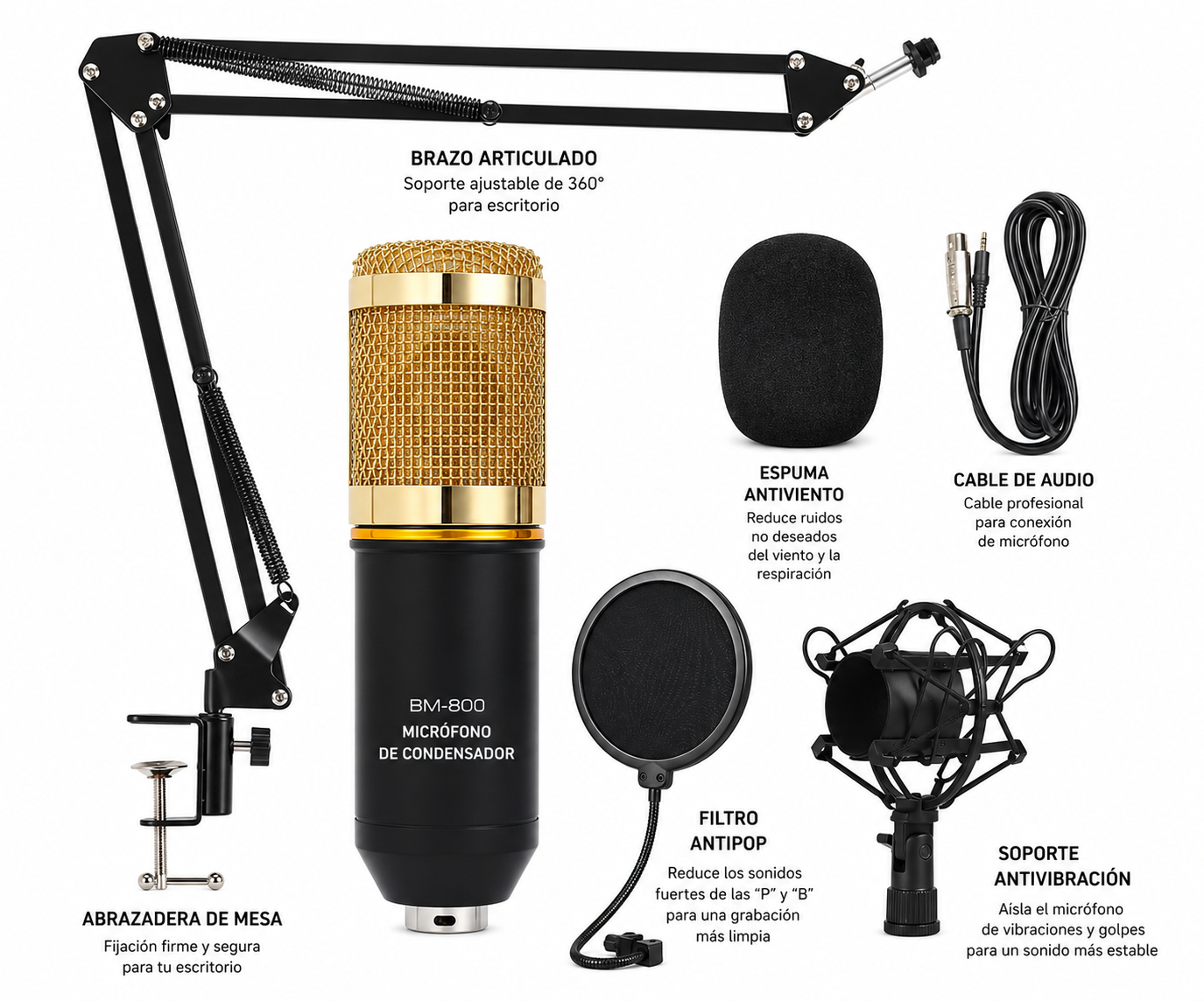 Micrófono Profesional BM-800 con Brazo Articulado para Podcast, Streaming y Grabación