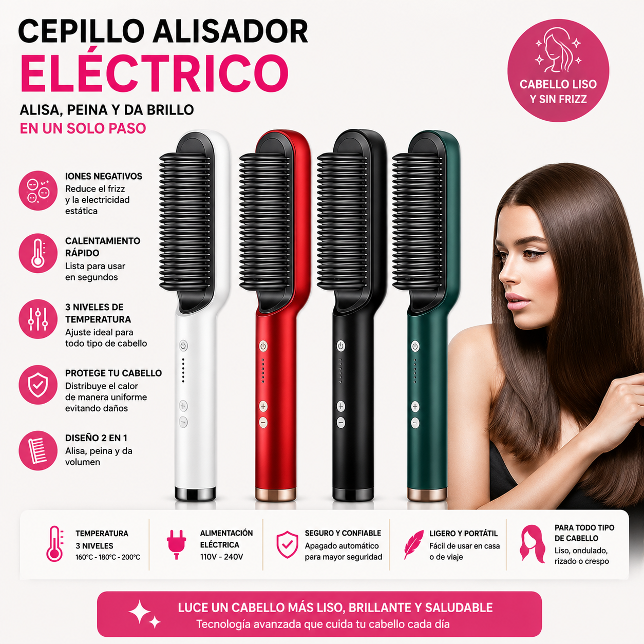 Cepillo Alisador Eléctrico 2 en 1 con Iones Negativos y Cerámica de Turmalina