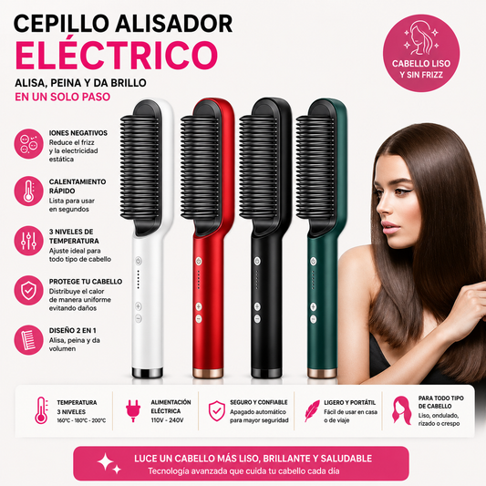 Cepillo Alisador Eléctrico 2 en 1 con Iones Negativos y Cerámica de Turmalina