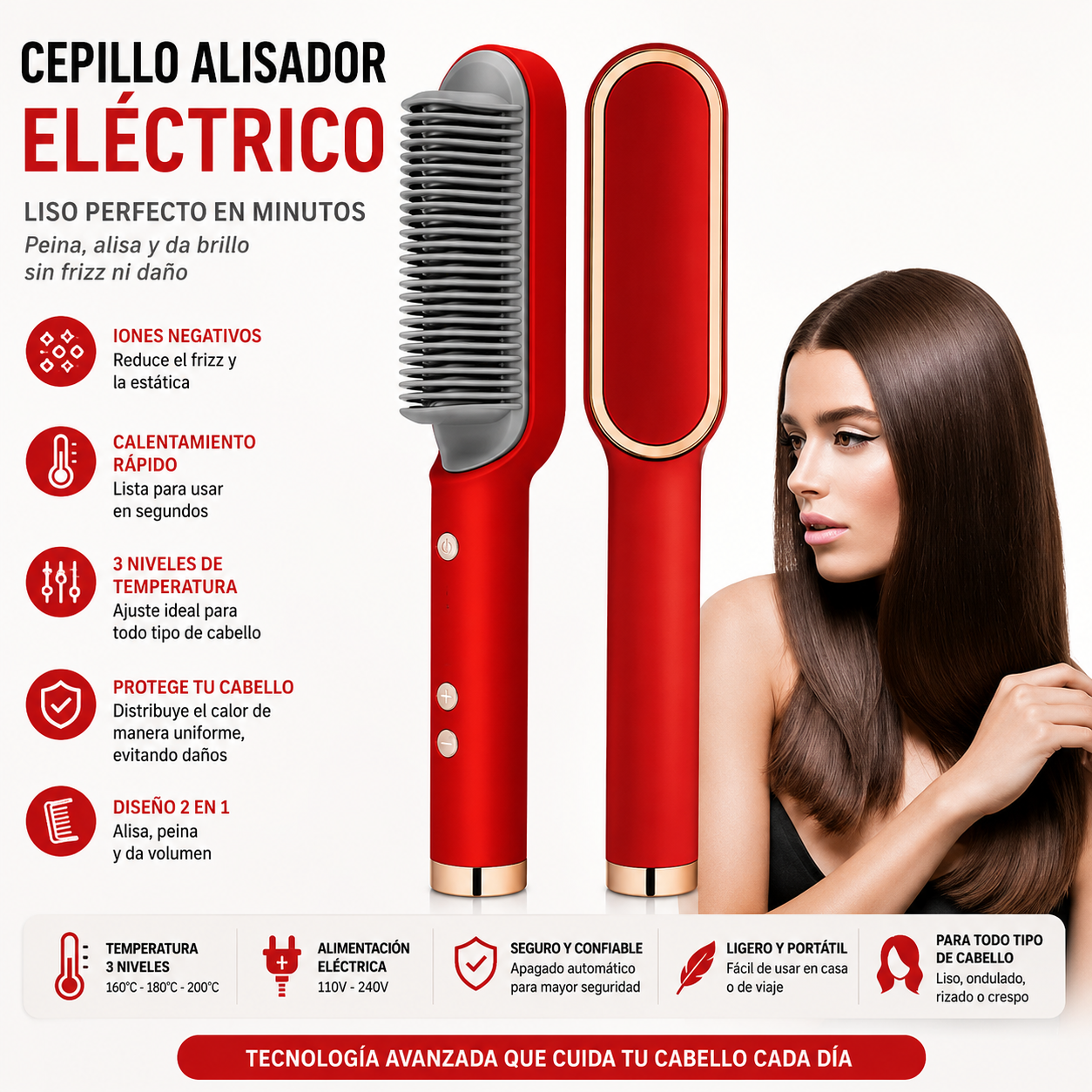 Cepillo Alisador Eléctrico 2 en 1 con Iones Negativos y Cerámica de Turmalina