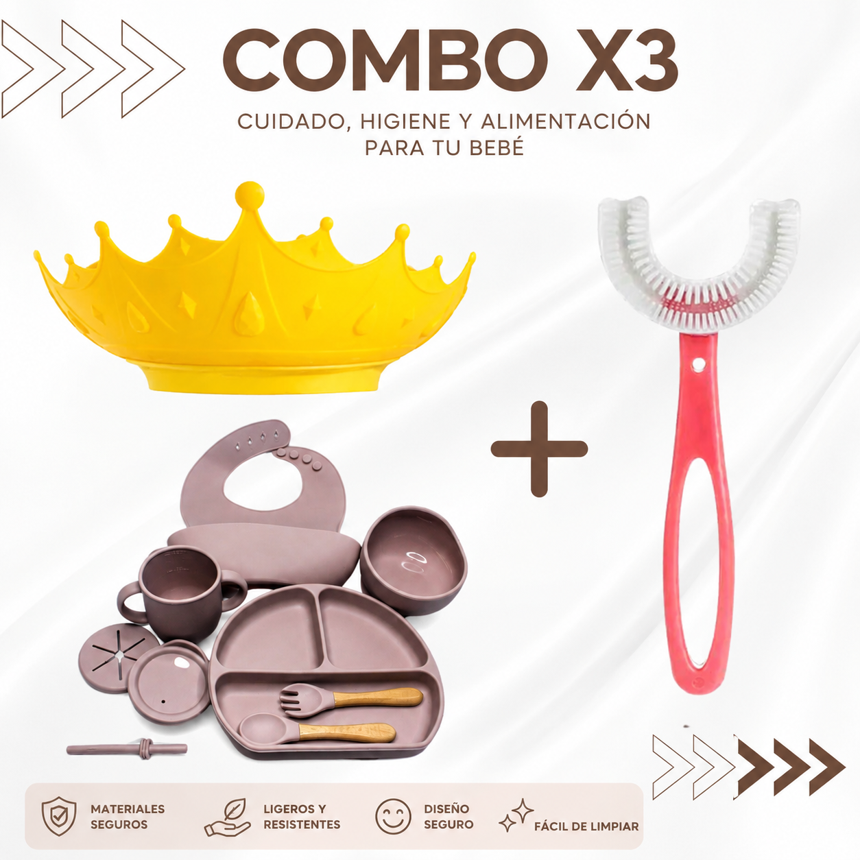 Combo para Bebé 3 en 1 | Cepillo U + Corona de Baño + Juego de Alimentación de Silicona